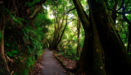 Obraz premium A paved path winds through a lush, verdant forest, lined with towering trees and abundant greenery.