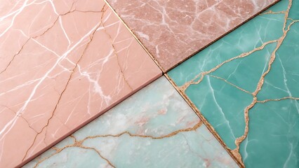 Diagonal split of pink and teal marble with white veining