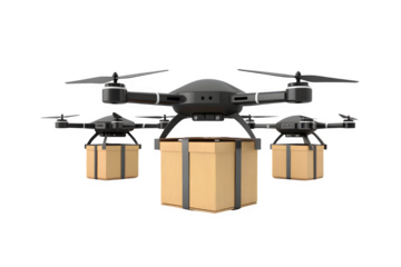 Advanced quadcopter drone safely delivers multiple cargo packages via autonomous aerial logistics transparent background