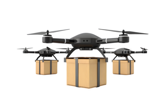 Advanced quadcopter drone safely delivers multiple cargo packages via autonomous aerial logistics transparent background