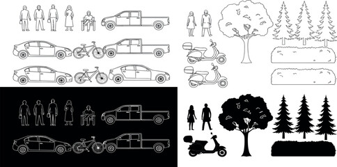 Architectural Vector Asset Pack Line Art and Silhouettes of People, Vehicles, and Plants for Design, CAD Drawings, and Graphic Projects