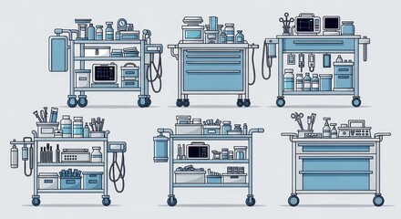 Medical supply carts with equipment isolated on a plain background