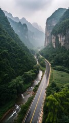 Scenic mountain road winding through lush green valley atmospheric high resolution photo
