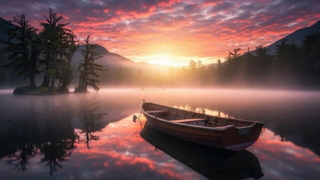 A serene wooden rowboat floats on a misty lake at sunrise, reflecting vibrant red and orange clouds with mountains and trees in the background.