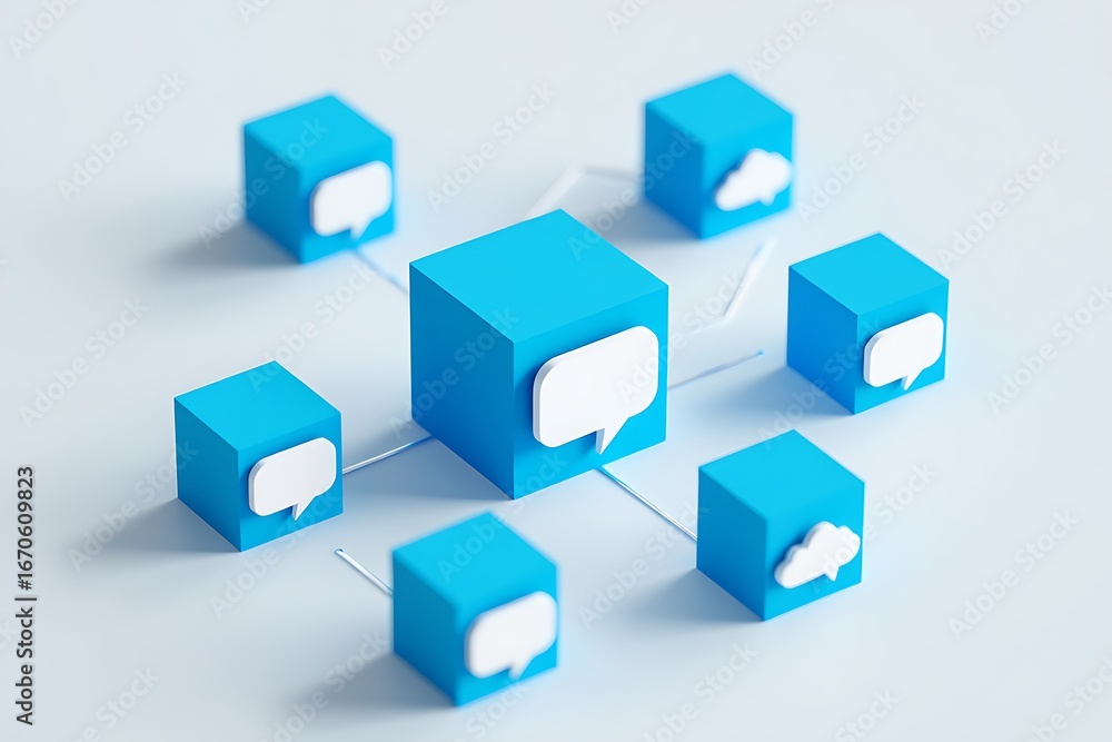 Poster abstract network of blue cubes with speech bubble and cloud icons connected by lines
