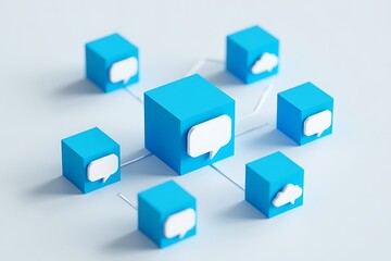 Obraz premium Abstract network of blue cubes with speech bubble and cloud icons connected by lines