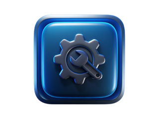 Blue glossy square icon with metallic gear and wrench isolated on a transparent background