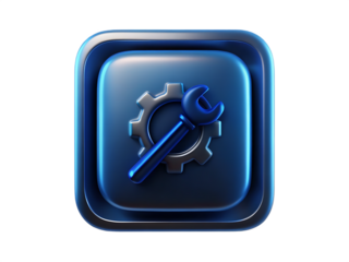 Blue glossy square icon with metallic gear and wrench isolated on a transparent background.PNG
