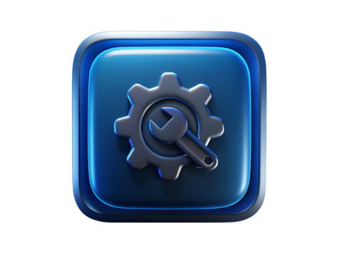 Blue glossy square icon with metallic gear and wrench isolated on a transparent background