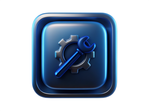Blue glossy square icon with metallic gear and wrench isolated on a transparent background.PNG