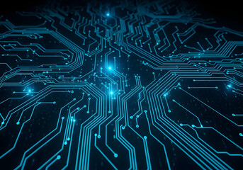 A digital blue circuit board background with microchips and intricate patterns illustrates the future of electronics and computer technology