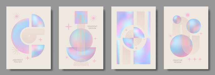 Abstract modern gradient poster vector set with Bauhaus pattern. Minimalist geometric colorful cover templates for interior design, social media, cover, banner, flyer, ads. Vector illustrations.