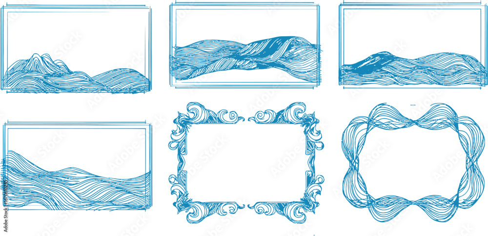 Poster collection of six blue frames with wave patterns and decorative borders on a white background art de