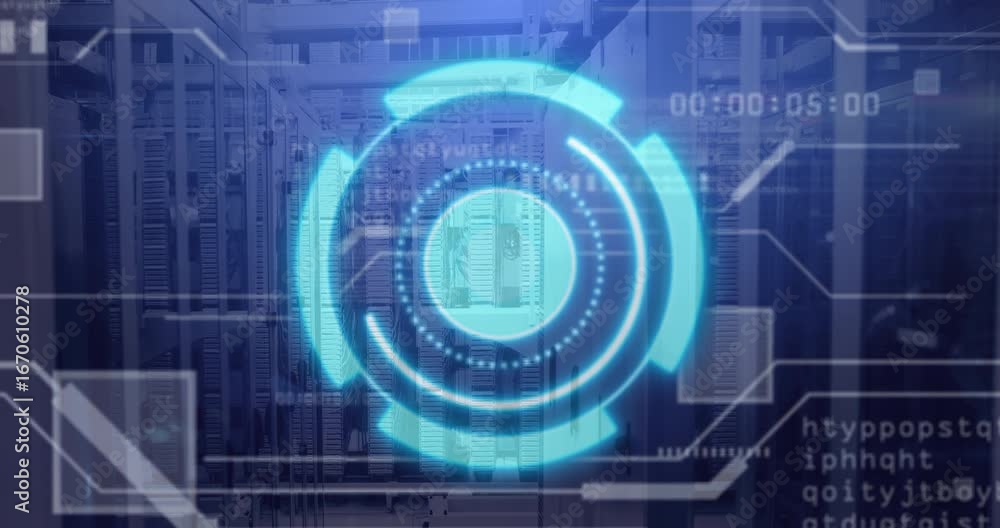 Aufkleber translucent blue hud appearing in server racks, rotating rings segmenting, pulsing dots scanning