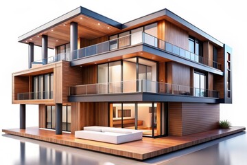 Modern luxury multi story wooden house with glass walls isolated on white background