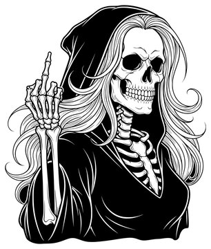 Female Grim Reaper skeleton svg with flowing hair and a middle finger gesture, a bold and rebellious vector illustration with a gothic aesthetic.