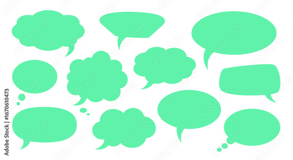 Poster collection of various shaped green speech bubbles arranged in a group on a plain presentation