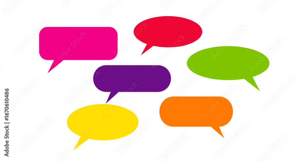 Poster collection of vibrant speech bubbles in various shapes and shades arranged in a clustered arrangemen