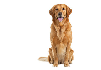 A photorealistic adult Golden Retriever dog with warm golden fur sits patiently on a seamless transparent studio background, looking at camera, soft high-key light. Companionship and loyalty concept