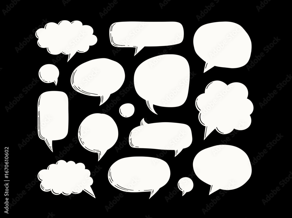 Poster collection of assorted speech bubbles with varying shapes and sizes in a clustered arrangement desig