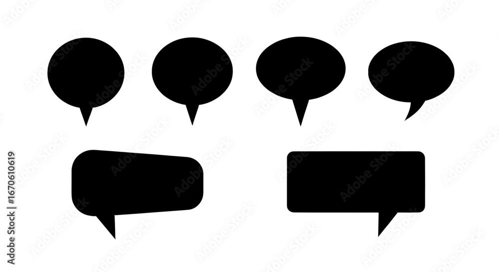 Poster seven speech bubbles in various shapes including oval and rectangular forms arranged on a plane