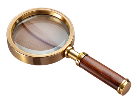 Brass and wood handheld magnifying glass angled view isolated on a transparent background 