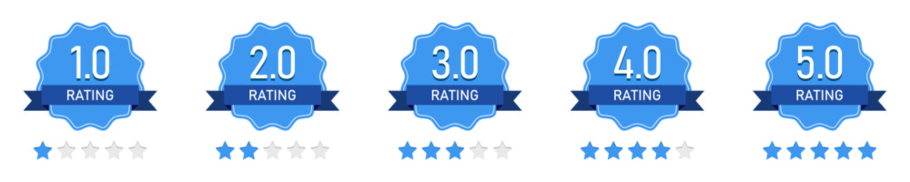 Collection of blue rating badges with stars from 1.0 to 5.0. Flat design review icons for feedback, ranking, performance, evaluation, customer satisfaction, quality check, and digital use.