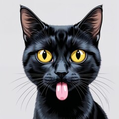 Black cat illustration with yellow eyes sticks out tongue white isolatedg enerative AI
