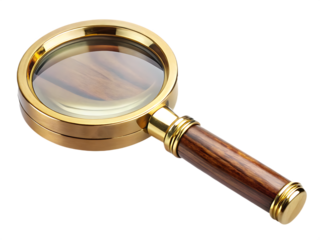 Brass and wood magnifying glass angled view isolated on a transparent background