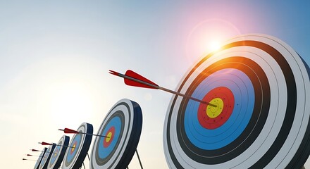 Archery target with arrow hitting bullseye bright sunlight success