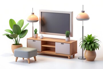 Fototapeta premium Modern living room furniture set with plants and lamps isolated on white background