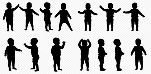 A collection of silhouette illustrations depicting a toddler in various poses and actions, including standing, waving, and raising arms.