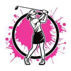 Dynamic female golfer swinging club with pink splatter and circular border on white