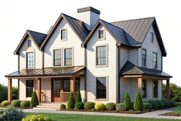 Beautiful modern farmhouse style residential house with stone accents isolated on white background