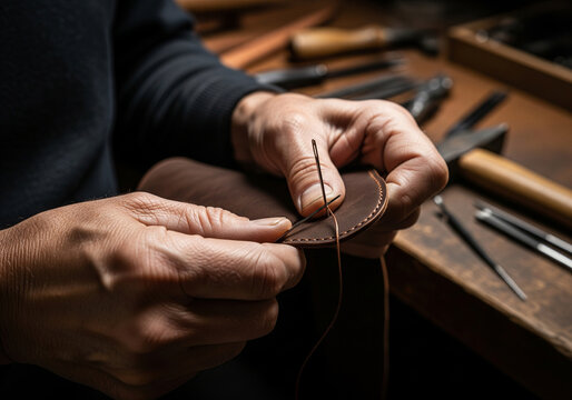 Master craftsman meticulously stitches fine leather goods with skilled hands and traditional tools - Powered by Adobe