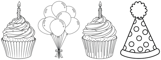 Birthday vector illustration featuring cupcakes with candles festive balloons and decorative party hat created in clean black and white outline style for celebration graphics © Crafter