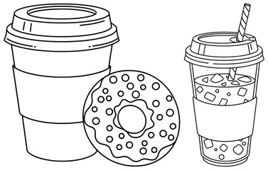 Coffee vector illustration of hot takeaway cup iced drink with straw and donut with sprinkles designed in clean black and white outline style for graphics
