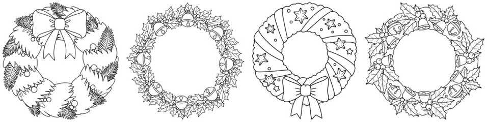 Christmas wreath vector illustration collection featuring festive designs with bows bells stars holly leaves pine branches and berries in clean outline style