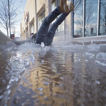A man slips and falls on an icy sidewalk in front of a commercial property - winter ice risk, personal injury lawsuit and liability - salt ice for facility maintenance, legal claim insurance.