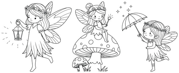 Naklejka premium Fairy illustration with three cute fairies holding lantern wand and umbrella in playful cartoon line art style perfect for fantasy magical creature and kids story artworks