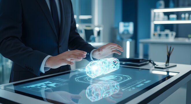 Man interacting with a futuristic holographic brain interface on a touch screen - Powered by Adobe
