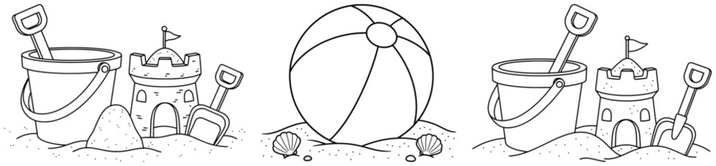 Beach illustration with sandcastle bucket shovel seashells and ball in playful cartoon line art style ideal for summer holiday leisure themes