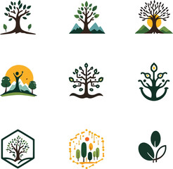 A collection of nine tree logo designs with various styles and conceptual representations shown on a white background