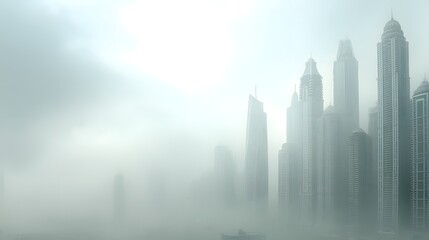 Fototapeta premium Skyscrapers shrouded in a thick fog, creating a muted, atmospheric scene in a modern cityscape.