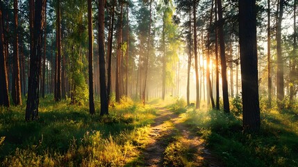 Obraz premium A sun-drenched path meanders through a tranquil pine forest, bathed in golden morning light.