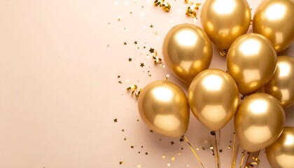 Gold balloons on a pastel background with confetti