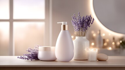 Elegant lavender-scented skincare products displayed on a light wooden surface, bathed in warm, inviting light.
