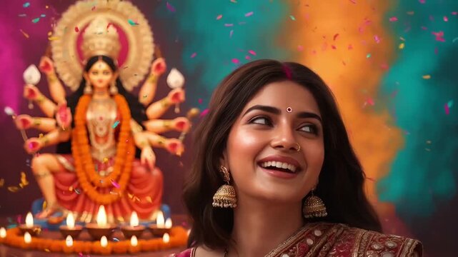 Joyful Woman Celebrating Indian Festival With Durga Idol and Vibrant Colors