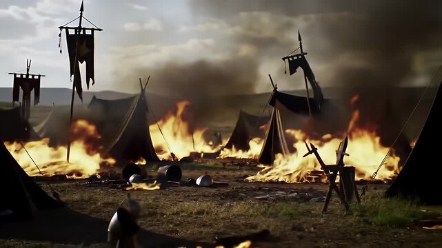 Burning Tents And Smoke In Battle Damaged Army Camp With Scattered Armor And Helmets