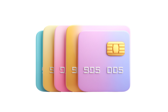 Stack of pastel colored credit cards isolated on transparent background